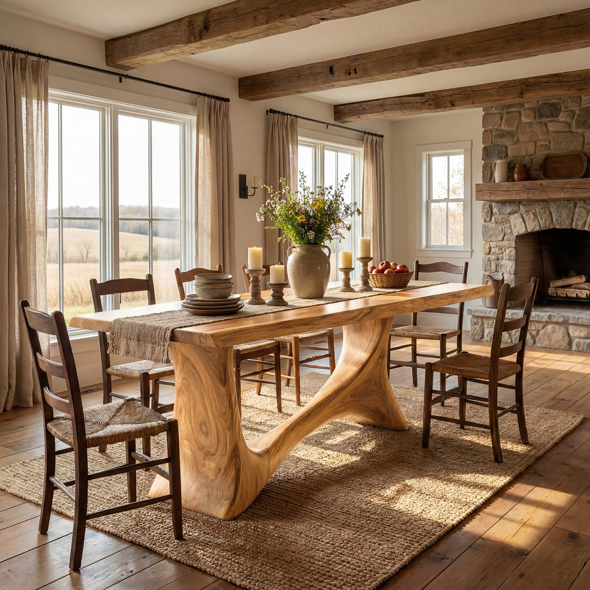 Live Edge Solid Wood Dining Table with Sculptural Base for Dining Room
