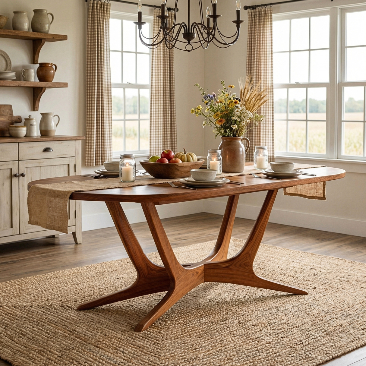 Oval Solid Wood Dining Table with Angled Sculptural Base for Dining Room