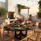 Round Solid Wood Dining Table with Architectural Cut-Out Base for Dining Room