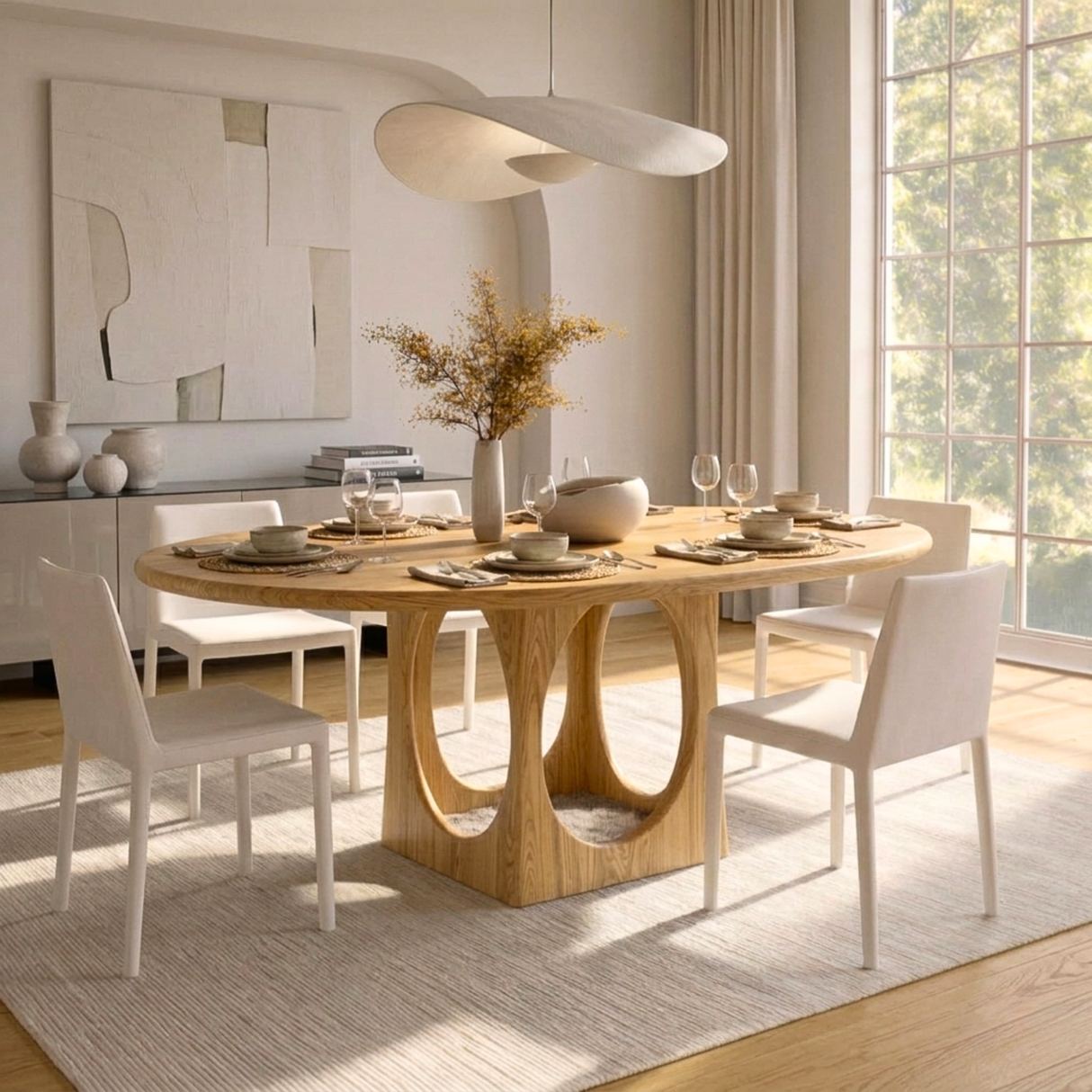 Round Solid Wood Dining Table with Architectural Cut-Out Base for Dining Room