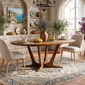 Oval Solid Wood Dining Table with Sculptural Cross Base for Dining Room