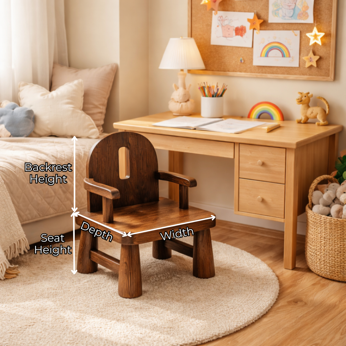 Solid Wood Kids Chair Handcrafted Wooden Armchair for Playrooms or Classrooms