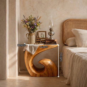 Handcrafted Solid Wood Side Table with Sculptural Curved Base for Bedroom