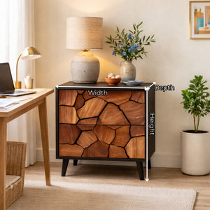 Handcrafted Solid Wood Nightstand with Geometric Carved Drawer Fronts and Black Frame