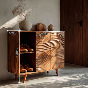 Handmade Solid Wood Shoe Cabinet with Carved Flow Front and Open Side Storage