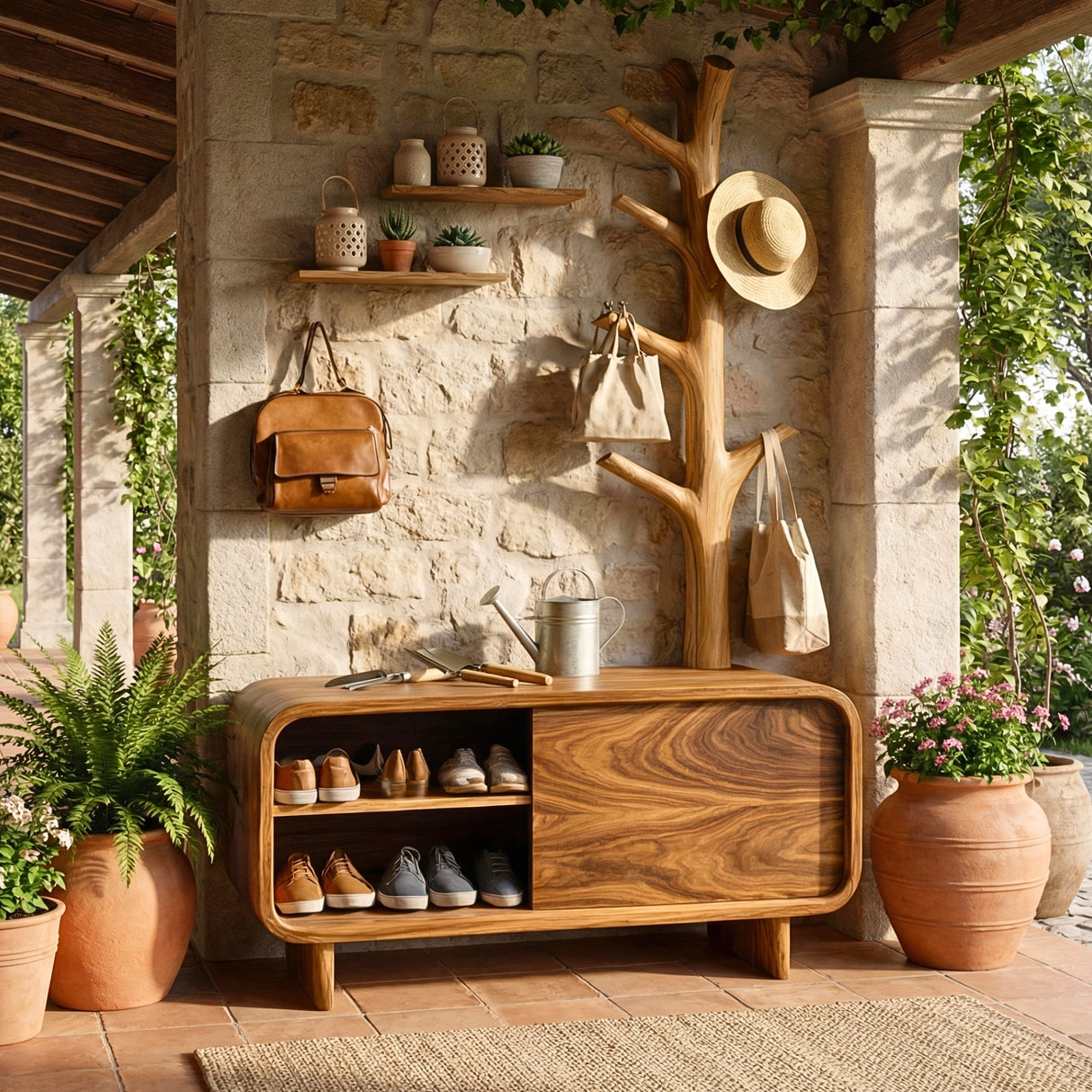 Handcrafted Solid Wood Shoe Cabinet with Coat Rack for Entryway and Hallway
