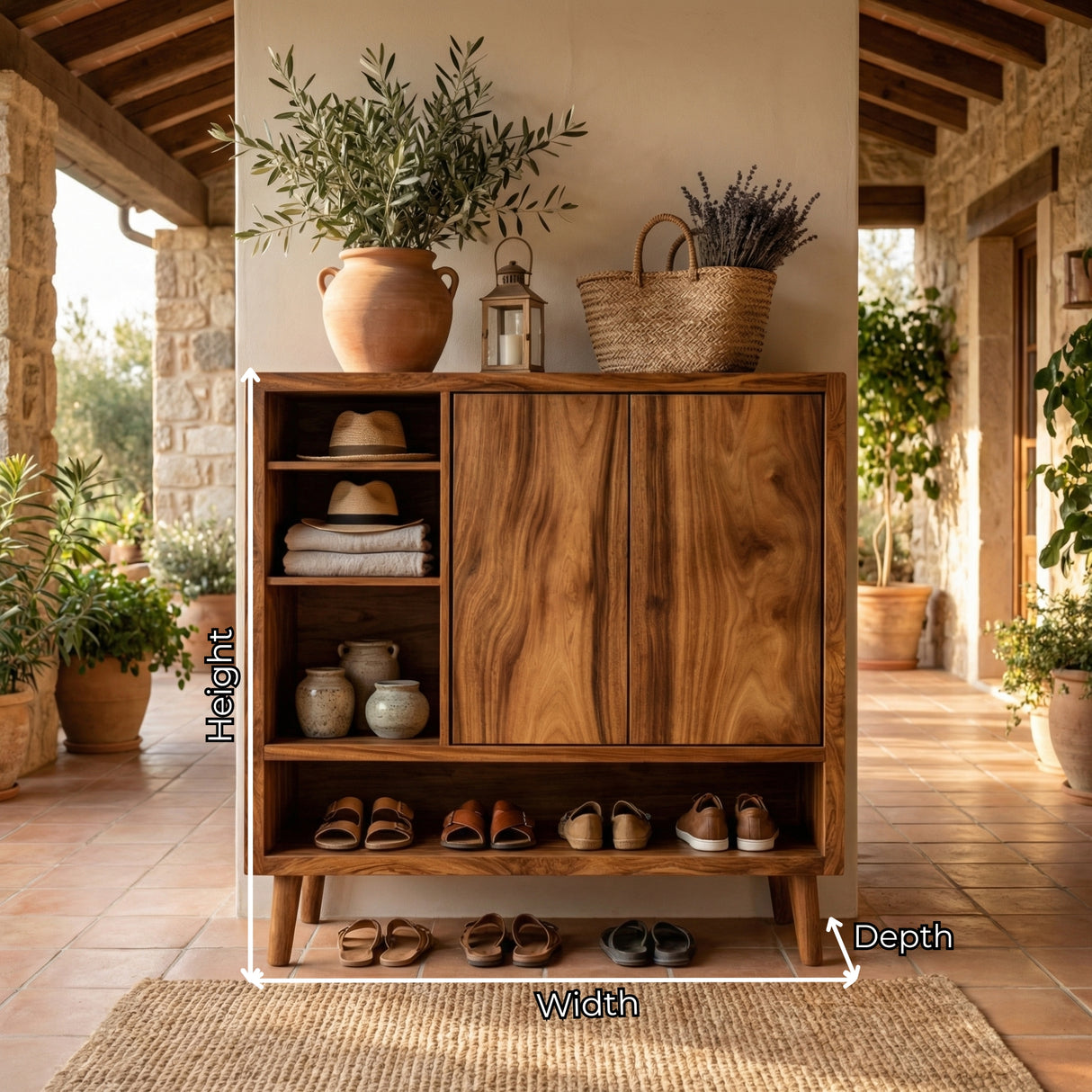 Handcrafted Solid Wood Shoe Cabinet with Double Doors and Open Shelving for Entryway