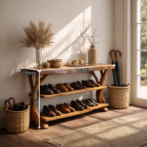 Handcrafted Solid Wood Shoe Rack Console with Open Shelves and Sculptural Branch Legs