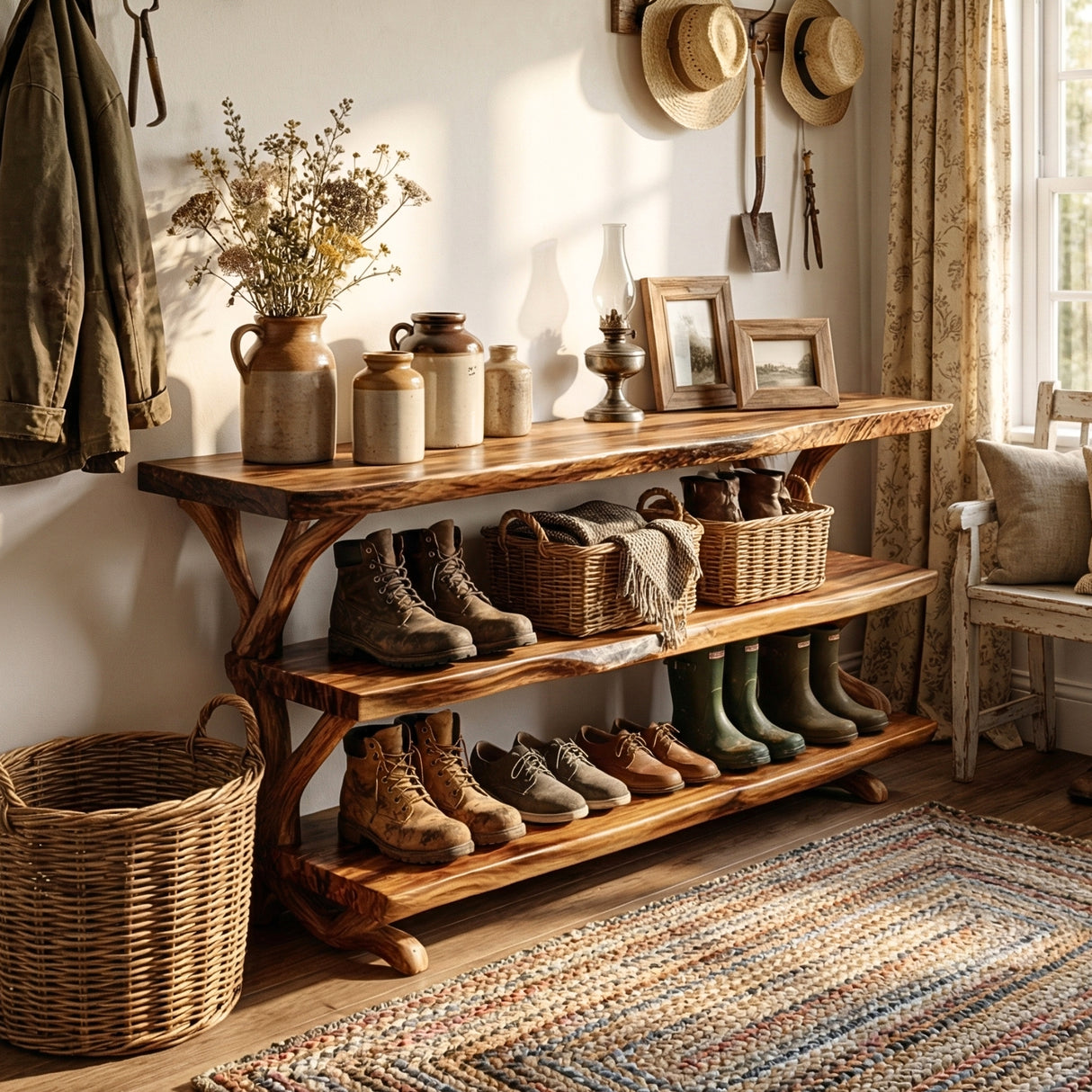 Handcrafted Solid Wood Shoe Rack Console with Open Shelves and Organic Branch Base