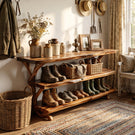 Handcrafted Solid Wood Shoe Rack Console with Open Shelves and Organic Branch Base