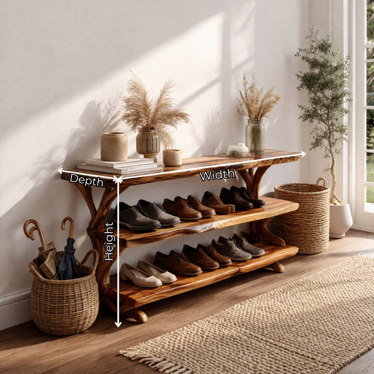 Handcrafted Solid Wood Shoe Rack Console with Open Shelves and Organic Branch Base