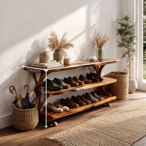 Handcrafted Solid Wood Shoe Rack Console with Open Shelves and Organic Branch Base