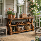 Handcrafted Solid Wood Shoe Rack Console with Rustic Live Edge Top and Open Shelving