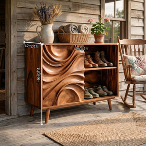 Handcrafted Solid Wood Shoe Cabinet with Sculptural Carved Door and Open Shelves for Entryway
