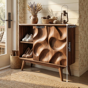 Handcrafted Solid Wood Shoe Cabinet with Sculptural Carved Doors and Open Side Shelves