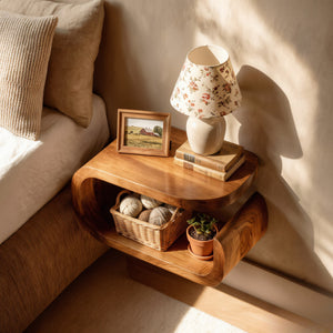 Handcrafted Solid Wood Floating Nightstand with Curved Open Storage for Bedroom