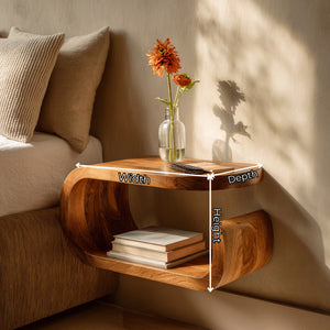 Handcrafted Solid Wood Floating Nightstand with Curved Open Storage for Bedroom