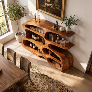 Handcrafted Solid Wood Wine Cabinet with Open Display Shelves