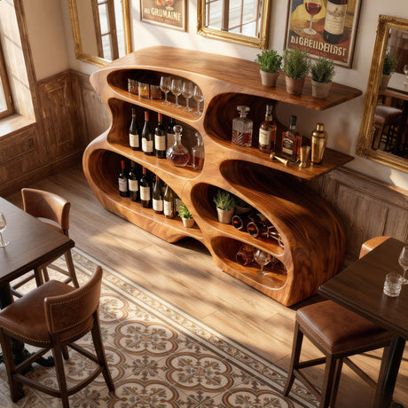 Handcrafted Solid Wood Wine Cabinet with Open Display Shelves