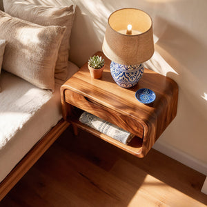 Handcrafted Solid Wood Floating Nightstand with Drawer and Open Storage for Bedroom