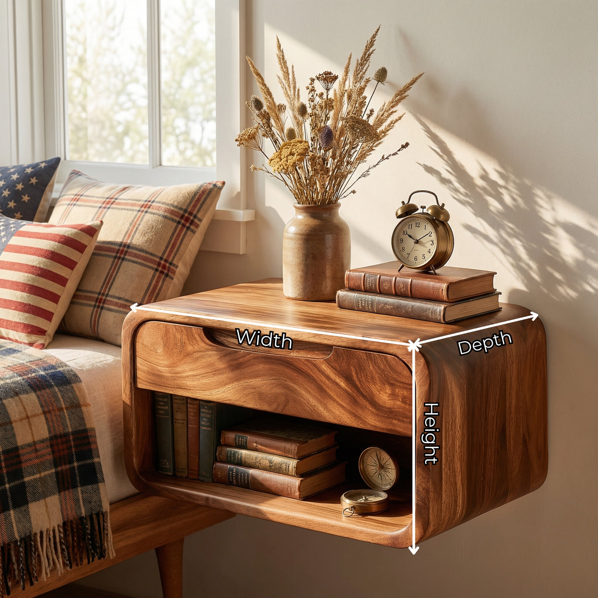 Handcrafted Solid Wood Floating Nightstand with Drawer and Open Storage for Bedroom