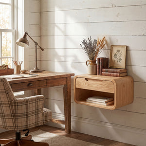 Handcrafted Solid Wood Floating Nightstand with Drawer and Open Storage for Bedroom