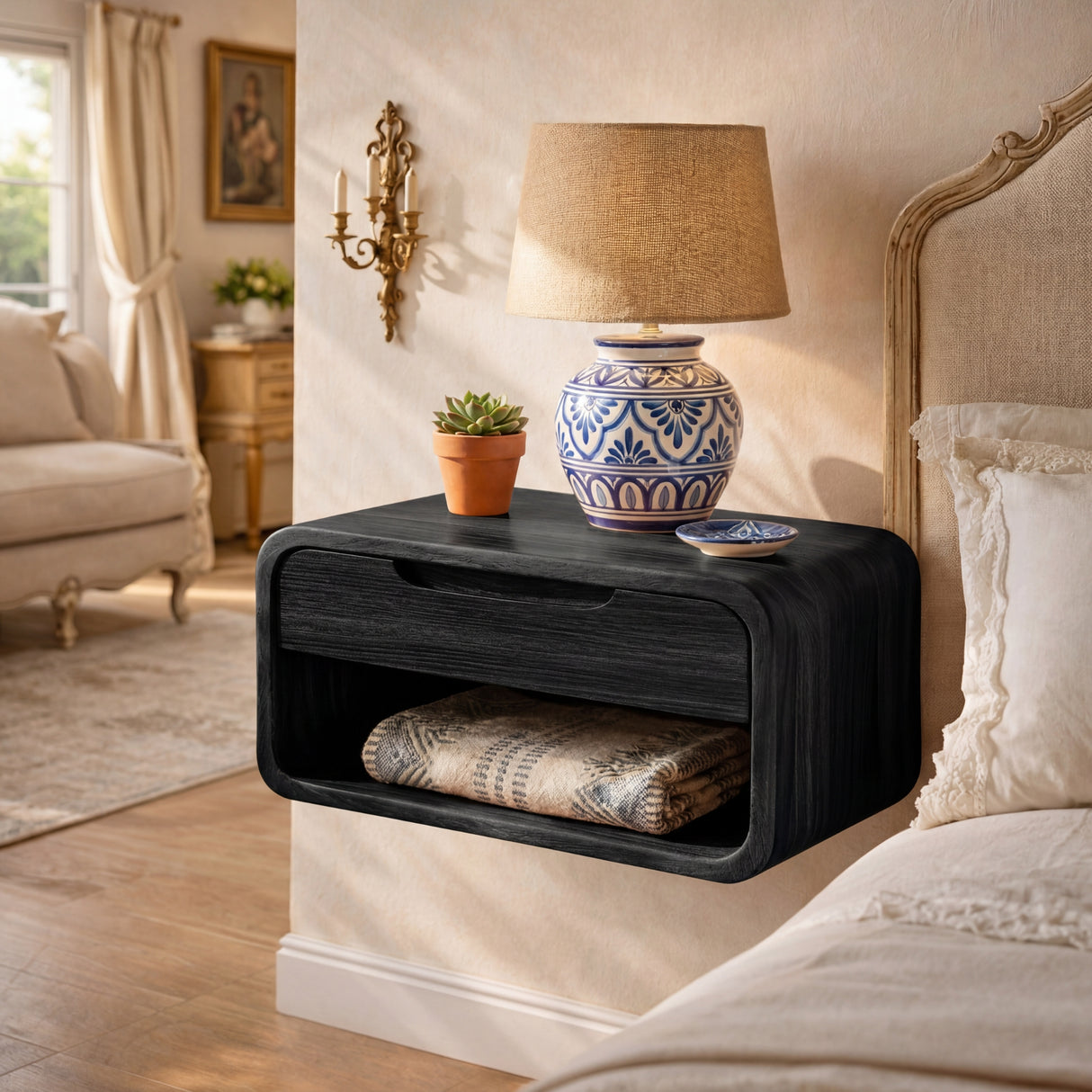 Handcrafted Solid Wood Floating Nightstand with Drawer and Open Storage for Bedroom