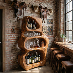 Solid Wood Wine Shelf with Organic Open Compartments for Living Room