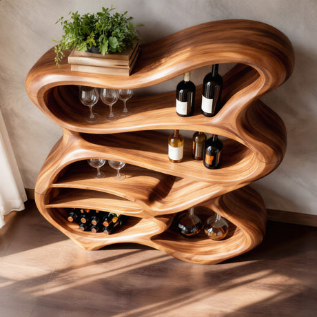 Handcrafted Solid Wood Bar Cabinet with Organic Open Shelves for Living Room