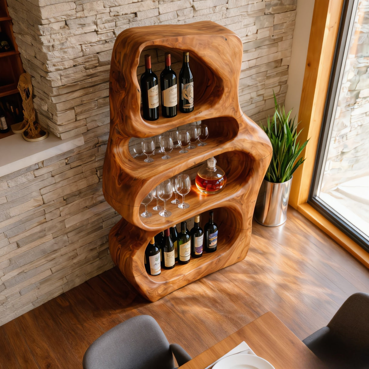 Solid Wood Wine Shelf with Organic Open Compartments for Living Room