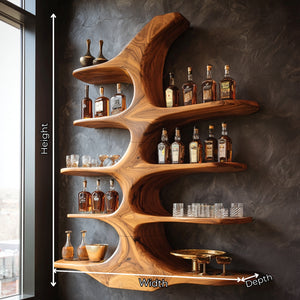 Handcrafted Solid Wood Wall Mounted Whiskey Shelf with Organic Branch Form