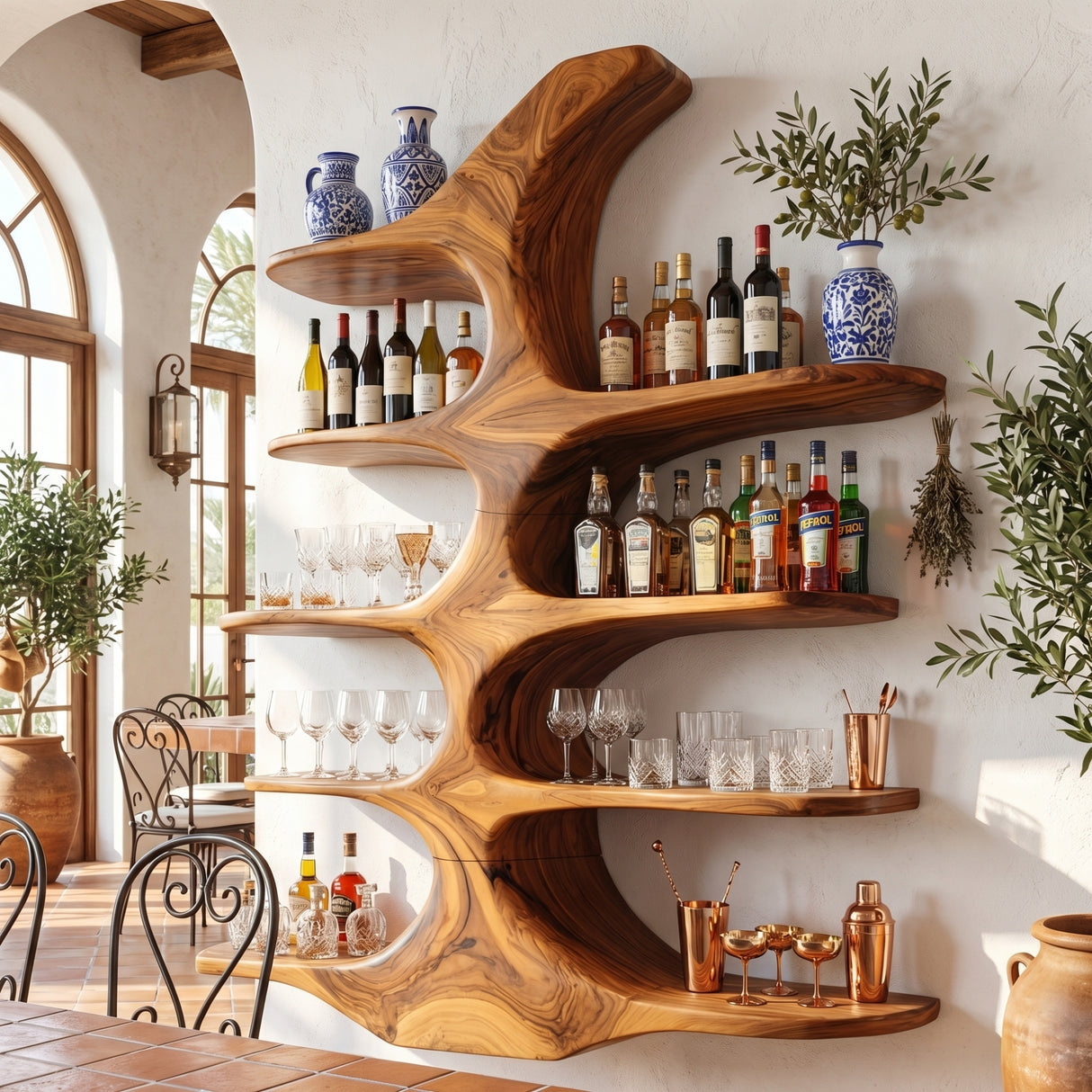 Handcrafted Solid Wood Wall Mounted Whiskey Shelf with Organic Branch Form
