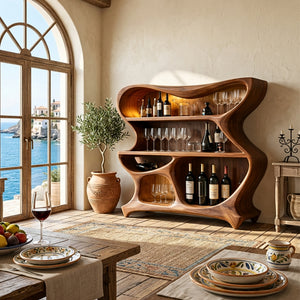 Handcrafted Solid Wood Bar Cabinet with Sculptural Open Shelves