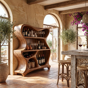 Handcrafted Solid Wood Bar Cabinet with Sculptural Open Shelves