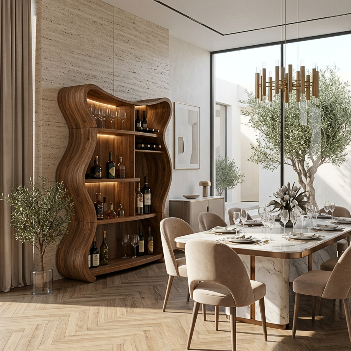 Handcrafted Solid Wood Wine Cabinet with Curved Open Shelves
