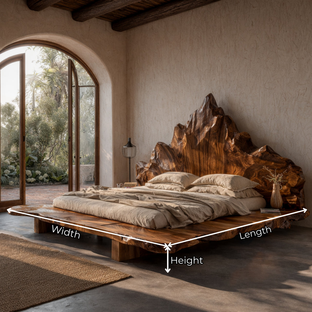 Handcrafted Solid Wood Platform Bed with Natural Live Edge and Sculptural Headboard