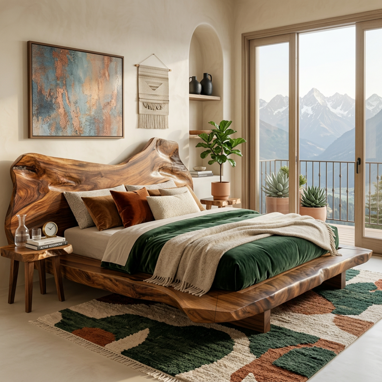 Natural Edge Solid Wood Bed with Sculpted Wave Headboard Design