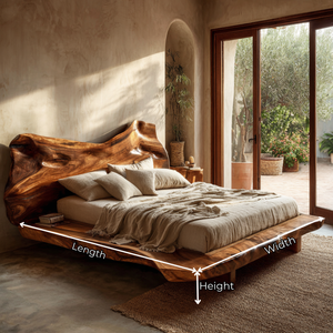 Natural Edge Solid Wood Bed with Sculpted Wave Headboard Design