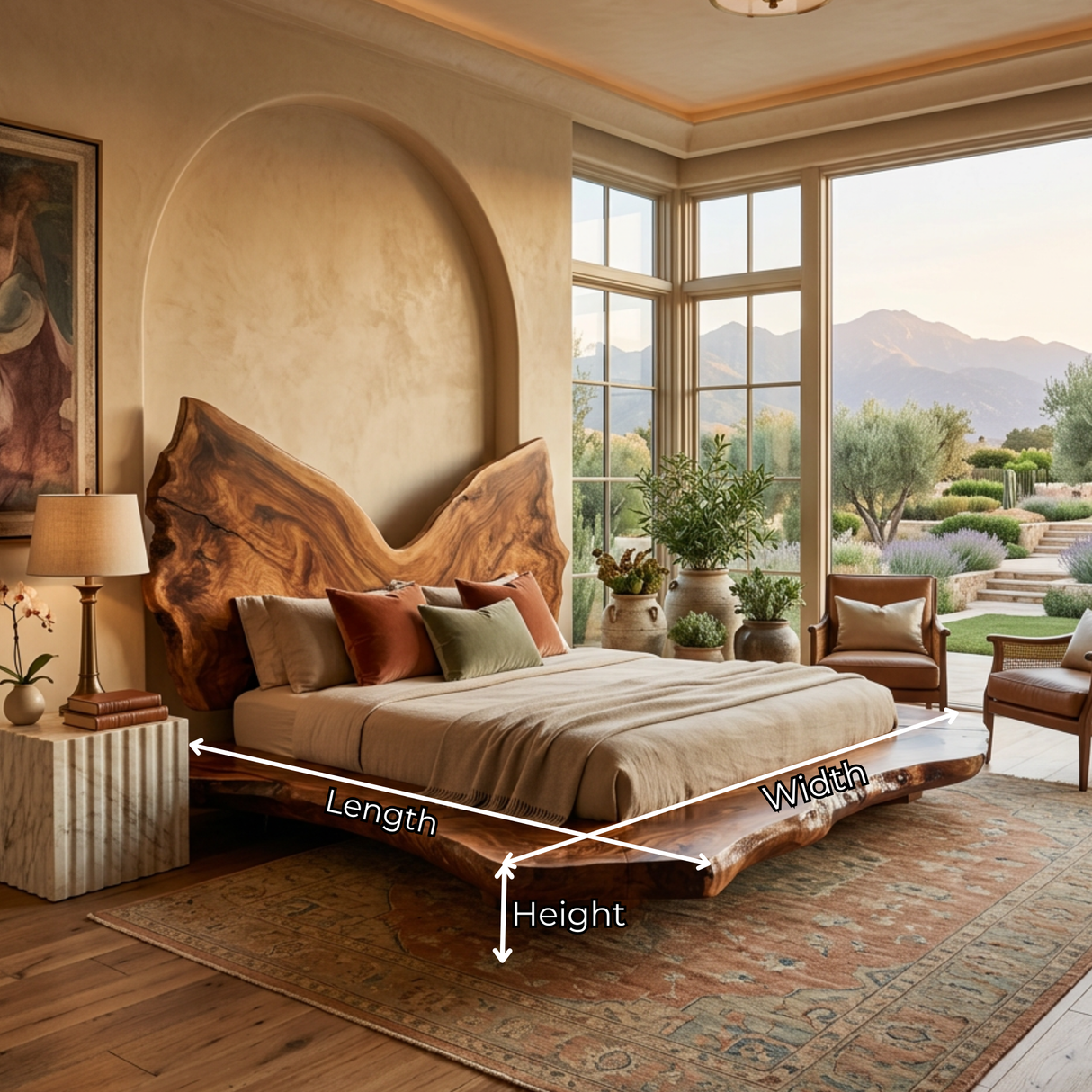 Sculptural Solid Wood Platform Bed with Natural Edge Headboard Form