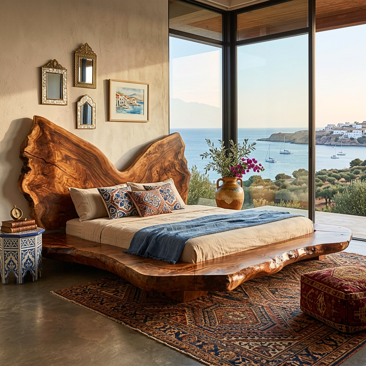 Sculptural Solid Wood Platform Bed with Natural Edge Headboard Form