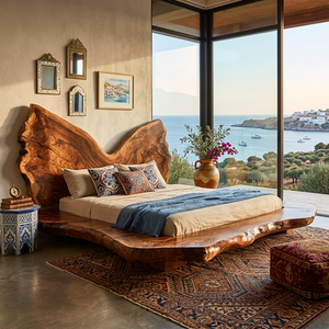 Sculptural Solid Wood Platform Bed with Natural Edge Headboard Form