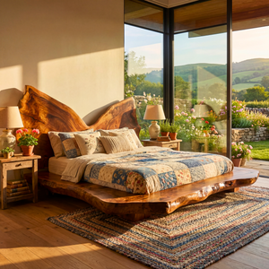 Sculptural Solid Wood Platform Bed with Natural Edge Headboard Form