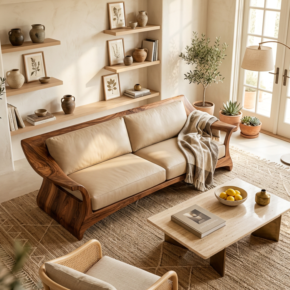 Handcrafted Solid Wood Sofa Frame with Sculptural Arms for Living Room