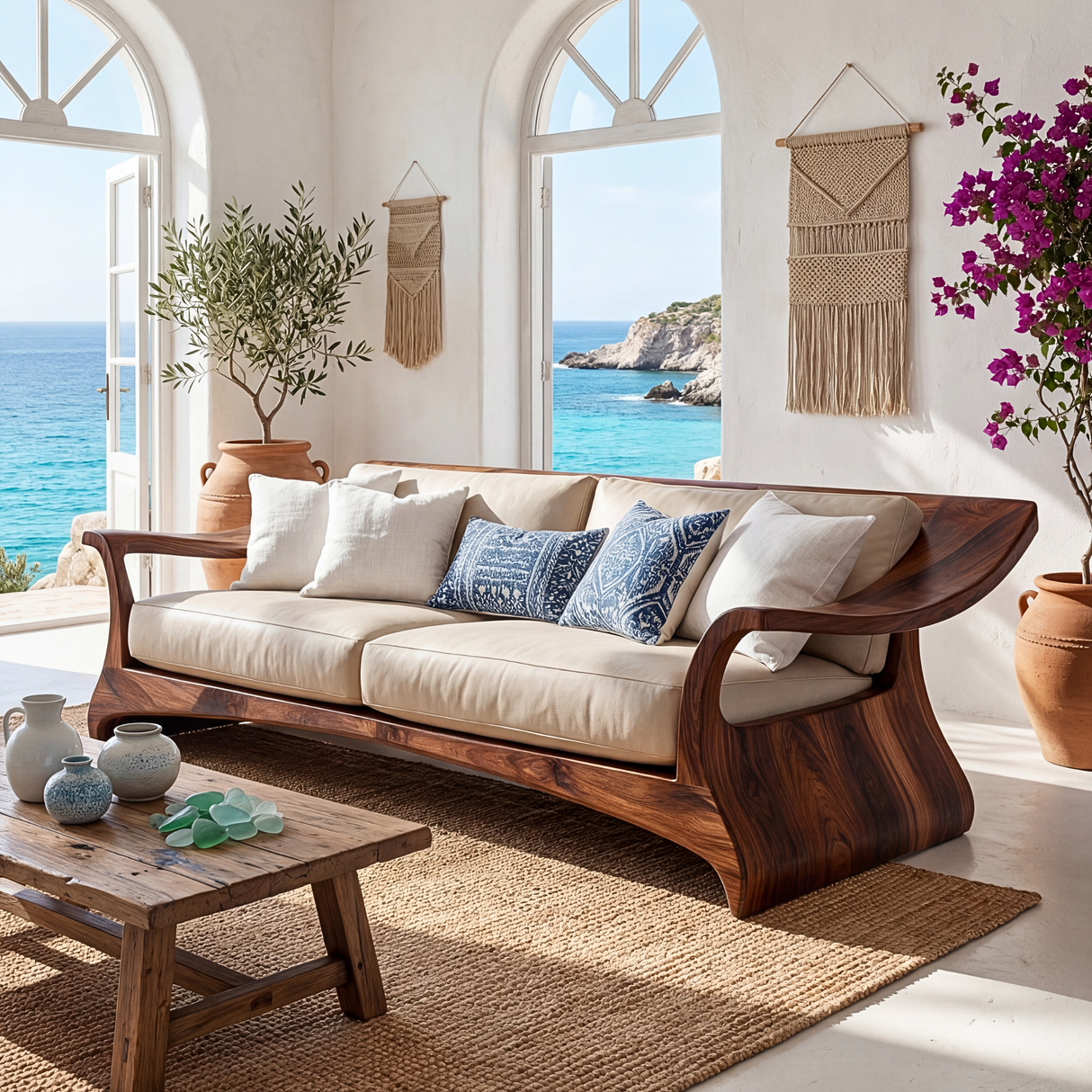 Handcrafted Solid Wood Sofa Frame with Sculptural Arms for Living Room