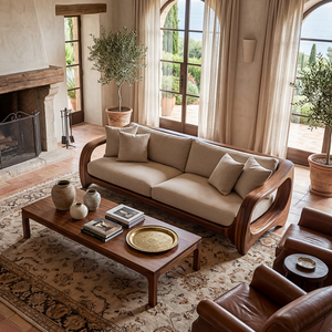 Handcrafted Solid Wood Sofa with Open Sculptural Arms for Living Room