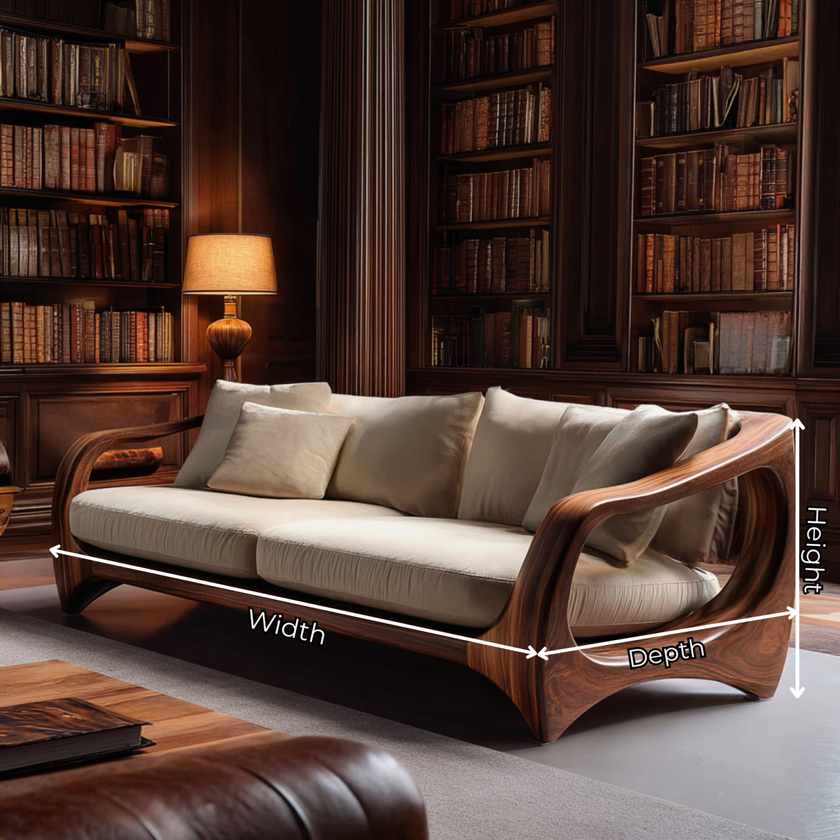 Handcrafted Solid Wood Sofa with Open Sculptural Arms for Living Room