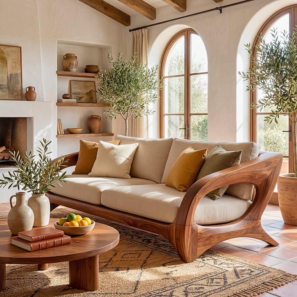 Solid Wood Sofa with Sculptural Open Frame for Reading Room