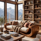 Solid Wood Curved Frame Sofa with Sculptural Wrapped Sides for Home Library