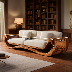 Solid Wood Curved Frame Sofa with Sculptural Wrapped Sides for Home Library