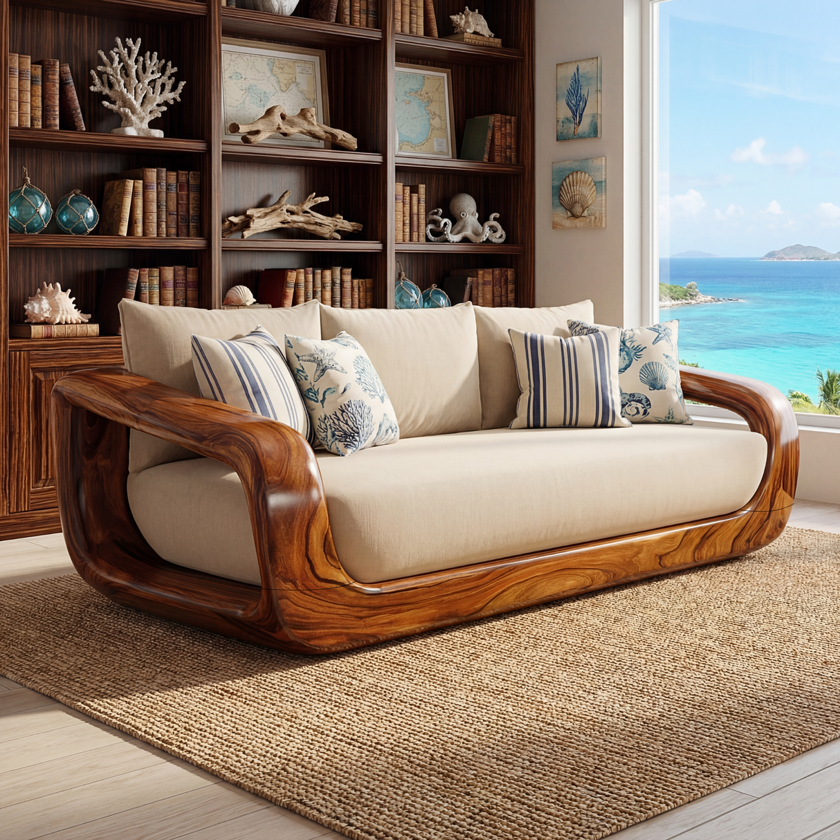 Solid Wood Lounge Sofa with Continuous Curved Frame for Reading Room
